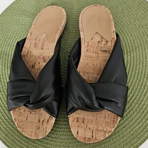 Flattered Black Sandals with Cork Footbed and Knotted Design